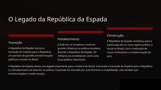 O Legado da República da Espada
Transição
A República da Espada marcou a
transição do Império para a República,
um período de grandes transformações
políticas e sociais no Brasil.
Fortalecimento
O Exército se fortaleceu e exerceu
grande influência na política brasileira
durante a República da Espada. Os
militares se consolidaram como uma
força política importante.
Construção
A República da Espada contribuiu para a
construção de um novo regime político e
social no Brasil, com a instituição de
novas instituições e a modernização do
país.
A República da Espada deixou um legado importante para a história do Brasil, marcando a transição do Império para a República
e o fortalecimento do Exército na política. O período foi marcado por autoritarismo e instabilidade, mas também por
transformações e modernização.
 