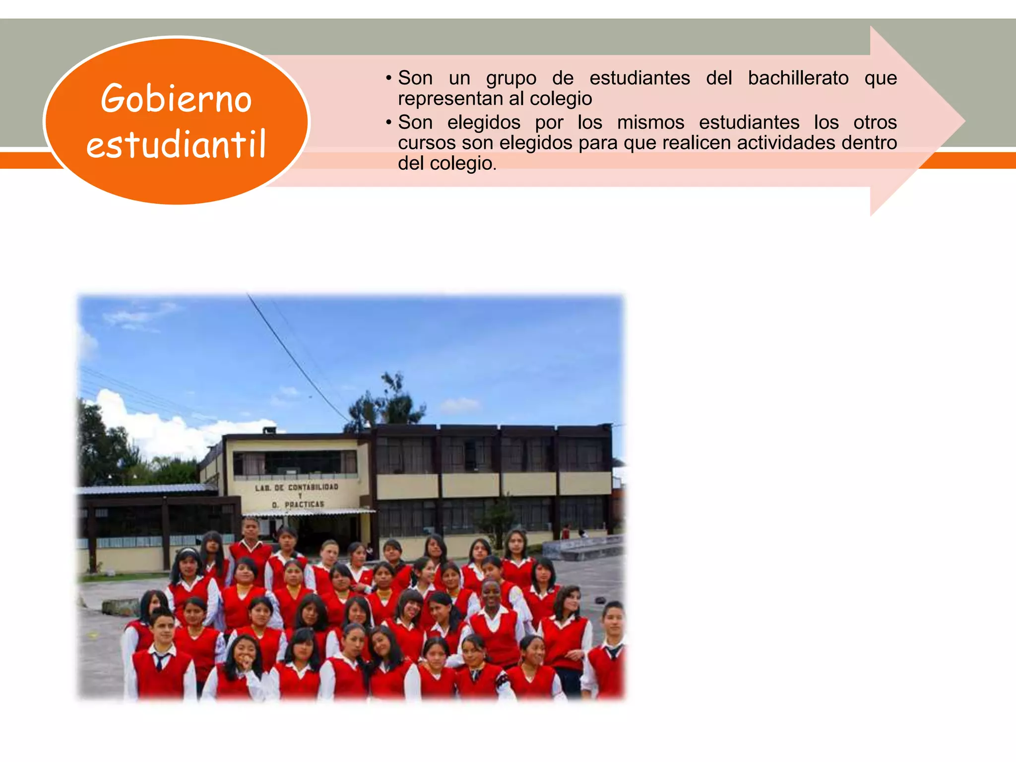 • Son un grupo de estudiantes del bachillerato que
representan al colegio
• Son elegidos por los mismos estudiantes los otros
cursos son elegidos para que realicen actividades dentro
del colegio.
Gobierno
estudiantil
 