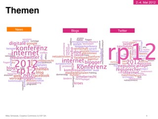2.-4. Mai 2012


Themen"
         News                                Blogs   Twitter




Mike Schwede, Creative Commons 3.0 BY SA !                            5!
 