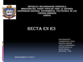 REPUBLICA BOLIVARIANADE VENEZUELA
     MINISTERIO DEL PODER POPULAR PARA LA DEFENSA
  UNIVERSIDAD NACIONAL EXPERIMENTAL POLITECNICA DE LAS
                     FUERZAS ARMADAS
                         (UNEFA)




             RECTA EN R3

                                      INTEGRANTES :
                                      YENDERSON LOPEZ
                                      DAYANA VARGAS
                                      JOSE COLMENAREZ
                                      FELIPECASTILLO
                                      DAVID DAVILA
                                      SECCION: 1T2IS


BARQUISIMETO 3/7/2012
 
