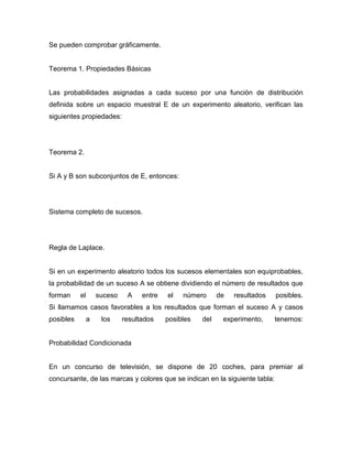 Se pueden comprobar gráficamente.
Teorema 1. Propiedades Básicas
Las probabilidades asignadas a cada suceso por una función de distribución
definida sobre un espacio muestral E de un experimento aleatorio, verifican las
siguientes propiedades:
Teorema 2.
Si A y B son subconjuntos de E, entonces:
Sistema completo de sucesos.
Regla de Laplace.
Si en un experimento aleatorio todos los sucesos elementales son equiprobables,
la probabilidad de un suceso A se obtiene dividiendo el número de resultados que
forman el suceso A entre el número de resultados posibles.
Si llamamos casos favorables a los resultados que forman el suceso A y casos
posibles a los resultados posibles del experimento, tenemos:
Probabilidad Condicionada
En un concurso de televisión, se dispone de 20 coches, para premiar al
concursante, de las marcas y colores que se indican en la siguiente tabla:
 