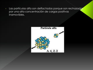 • Las partículas alfa son deflactadas porque son rechazadas
por una alta concentración de cargas positivas
inamovibles.
 