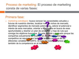 Proceso de marketing: El proceso de marketing
consta de varias fases:
Primera fase:
 marketing estratégico: busca conocer las necesidades actuales y
futuras de nuestros clientes, localizar nuevos nichos de mercado,
identificar segmentos de mercado potenciales, valorar el potencial e
interés de esos mercados, orientar a la empresa en busca de esas
oportunidades y diseñar un plan de actuación u hoja de ruta que
consiga los objetivos buscados. En este sentido y motivado porque las
compañías actualmente se mueven en un mercado altamente
competitivo se requiere, por tanto, del análisis continuo de las
diferentes variables del DAFO, no solo de nuestra empresa sino
también de la competencia en el mercado.
 