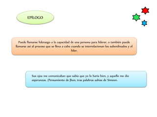 EPÍLOGO
Puede llamarse liderazgo a la capacidad de una persona para liderar, o también puede
llamarse así al proceso que se lleva a cabo cuando se interrelacionan los subordinados y el
líder.
Sus ojos me comunicaban que sabía que yo lo haría bien, y aquello me dio
esperanzas. (Pensamiento de Jhon, tras palabras sabias de Simeon.
 