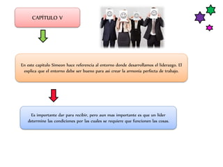 CAPÍTULO V
En este capitulo Simeon hace referencia al entorno donde desarrollamos el liderazgo. El
explica que el entorno debe ser bueno para asi crear la armonía perfecta de trabajo.
Es importante dar para recibir, pero aun mas importante es que un líder
determine las condiciones por las cuales se requiere que funcionen las cosas.
 