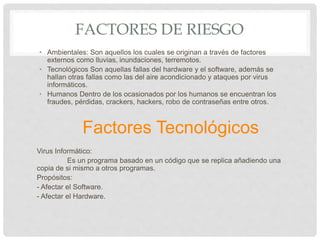 FACTORES DE RIESGO
• Ambientales: Son aquellos los cuales se originan a través de factores
externos como lluvias, inundaciones, terremotos.
• Tecnológicos Son aquellas fallas del hardware y el software, además se
hallan otras fallas como las del aire acondicionado y ataques por virus
informáticos.
• Humanos Dentro de los ocasionados por los humanos se encuentran los
fraudes, pérdidas, crackers, hackers, robo de contraseñas entre otros.
Factores Tecnológicos
Virus Informático:
Es un programa basado en un código que se replica añadiendo una
copia de si mismo a otros programas.
Propósitos:
- Afectar el Software.
- Afectar el Hardware.
 