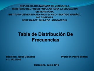Tabla de Distribución De
Frecuencias
Bachiller: Jesús González
C.I: 24225046
Profesor: Pedro Beltrán
Barcelona, Junio 2016
 
