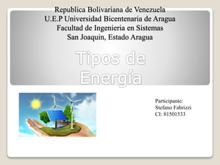 Republica Bolivariana de Venezuela
U.E.P Universidad Bicentenaria de Aragua
Facultad de Ingenieria en Sistemas
San Joaquin, Estado Aragua
Participante:
Stefano Fabrizzi
CI: 81501533
 