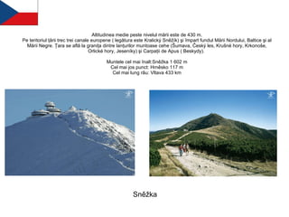 Altitudinea medie peste nivelul mării este de 430 m. Pe teritoriul ţării trec trei canale europene ( legătura este Kralický Sněžík) şi împart fundul Mării Nordului, Baltice şi al Mării Negre. Ţara se află la graniţa dintre lanţurilor muntoase cehe (Šumava, Český les, Krušné hory, Krkonoše, Orlické hory, Jeseníky) şi Carpaţii de Apus ( Beskydy).  Muntele cel mai înalt:Sněžka 1 602 m Cel mai jos punct: Hrněsko 117 m Cel mai lung râu: Vltava 433 km Sněžka 