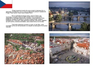   Praga inseamna inainte de orice curajul si placerea de a o descoperi. Nu trebuie in nici un caz sa ratati locuri precum Castelul din Praga, Piata Veche, Podul Carol, Dealul Petrin.  Dar si cartierele de langa centru, precum Zizkov sau Vinohrady, au foarte multe de oferit turistilor, fie si numai pentru elegantele si rafinatele restaurante si localuri, unde puteti lua o cina pragheza, stropita din belsug cu vinurile si berea locala. Gradina Zoologica din Troja este o alta destinatie preferata, atat pentru calitatea sa cat si pentru numarul animalelor, care creste de la un an la altul.  Totul este organizat ca pentru un parc un aer liber, unde animalele sa fie cat mai sanatoase, iar oaspetii sa descopere frumusetea naturala.  