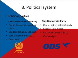 3.  Political system Political parties Czech Social Democratic Party Social democratic political party Leader:  Bohuslav Sobotka Last Government: 2002 Centre-left Civic Democratic Party Conservative political party Leader:  Petr Nečas  Last Government: 2010 Centre-right 