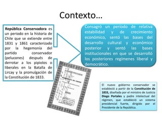 Contexto…
Consagró un período de relativa
estabilidad y de crecimiento
económico, sentó las bases del
desarrollo cultural y económico
posterior y sentó las bases
institucionales en que se desarrolló
los posteriores regímenes liberal y
democrático.
República Conservadora es
un periodo en la historia de
Chile que se extiende entre
1831 y 1861 caracterizado
por la hegemonía del
partido conservador
(pelucones) después de
derrotar a los pipiolos o
liberales en la Batalla de
Lircay y la promulgación de
la Constitución de 1833.
El nuevo gobierno conservador se
estableció a partir de la Constitución de
1833, diseñada por el ministro de Justicia
Diego Portales y padre intelectual del
régimen, que estableció un sistema
presidencial fuerte, dirigido por el
Presidente de la República.
 