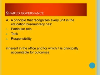 A. A principle that recognizes every unit in the
education bureaucracy has:
1. Particular role
2. Task
3. Responsibility
inherent in the office and for which it is principally
accountable for outcomes
SHARED GOVERNANCE
 