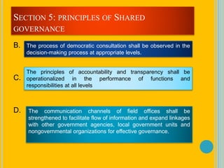 B.
C.
D.
SECTION 5: PRINCIPLES OF SHARED
GOVERNANCE
The process of democratic consultation shall be observed in the
decision-making process at appropriate levels.
The principles of accountability and transparency shall be
operationalized in the performance of functions and
responsibilities at all levels
The communication channels of field offices shall be
strengthened to facilitate flow of information and expand linkages
with other government agencies, local government units and
nongovernmental organizations for effective governance.
 