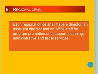 B. REGIONAL LEVEL
Each regional office shall have a director, an
assistant director and an office staff for
program promotion and support, planning,
administrative and fiscal services.
 