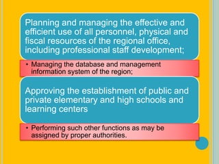 Planning and managing the effective and
efficient use of all personnel, physical and
fiscal resources of the regional office,
including professional staff development;
• Managing the database and management
information system of the region;
Approving the establishment of public and
private elementary and high schools and
learning centers
• Performing such other functions as may be
assigned by proper authorities.
 