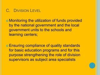  Monitoring the utilization of funds provided
by the national government and the local
government units to the schools and
learning centers;
 Ensuring compliance of quality standards
for basic education programs and for this
purpose strengthening the role of division
supervisors as subject area specialists
C. DIVISION LEVEL
 