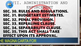 SEC. 31. BUDGETARY ESTIMATES.
VII. ADMINISTRATION AND
ENFORCEMENT
SEC. 30. RULES AND REGULATIONS.
SEC. 32. PENAL PROVISION.
SEC. 33. REPEALING CLAUSE.
SEC. 34. SEPARABILITY CLAUSE.
SEC. 35. THIS ACT SHALL TAKE
EFFECT UPON ITS APPROVAL.
HE MAGNA CARTA FOR
 