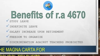 STUDY LEAVE
INDEFINITE LEAVE
SALARY INCREASE UPON RETIREMENT
FREEDOM TO ORGANIZE
DISCRIMINATION AGAINST TEACHERS PROBIHITED
HE MAGNA CARTA FOR
 