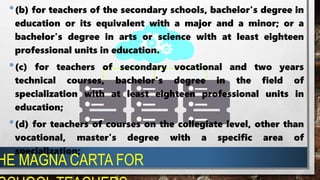 •(b) for teachers of the secondary schools, bachelor's degree in
education or its equivalent with a major and a minor; or a
bachelor's degree in arts or science with at least eighteen
professional units in education.
•(c) for teachers of secondary vocational and two years
technical courses, bachelor's degree in the field of
specialization with at least eighteen professional units in
education;
•(d) for teachers of courses on the collegiate level, other than
vocational, master's degree with a specific area of
specialization;
HE MAGNA CARTA FOR
 