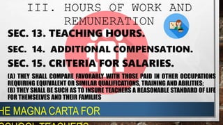 SEC. 13. TEACHING HOURS.
III. HOURS OF WORK AND
REMUNERATION
SEC. 14. ADDITIONAL COMPENSATION.
SEC. 15. CRITERIA FOR SALARIES.
(A) THEY SHALL COMPARE FAVORABLY WITH THOSE PAID IN OTHER OCCUPATIONS
REQUIRING EQUIVALENT OR SIMILAR QUALIFICATIONS, TRAINING AND ABILITIES;
(B) THEY SHALL BE SUCH AS TO INSURE TEACHERS A REASONABLE STANDARD OF LIFE
FOR THEMSELVES AND THEIR FAMILIES
HE MAGNA CARTA FOR
 