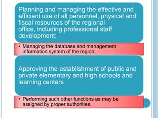 Planning and managing the effective and
efficient use of all personnel, physical and
fiscal resources of the regional
office, including professional staff
development;
• Managing the database and management
information system of the region;
Approving the establishment of public and
private elementary and high schools and
learning centers
• Performing such other functions as may be
assigned by proper authorities.
 