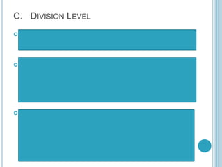  Developing and implementing division education
development plans;
 Planning and managing the effective and efficient
use of all personnel, physical and fiscal resources
of the division, including professional staff
development;
 Hiring, placing and evaluating all division
supervisors and schools district supervisors as well
as all employees in the division, both teaching and
non-teaching personnel, including school
heads, except for the assistant division
superintendent
C. DIVISION LEVEL
 