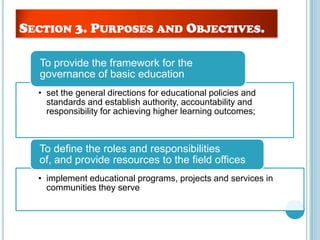 • set the general directions for educational policies and
standards and establish authority, accountability and
responsibility for achieving higher learning outcomes;
To provide the framework for the
governance of basic education
• implement educational programs, projects and services in
communities they serve
To define the roles and responsibilities
of, and provide resources to the field offices
SECTION 3. PURPOSES AND OBJECTIVES.
 