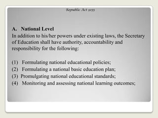 Republic Act 9155
A. National Level
In addition to his/her powers under existing laws, the Secretary
of Education shall have authority, accountability and
responsibility for the following:
(1) Formulating national educational policies;
(2) Formulating a national basic education plan;
(3) Promulgating national educational standards;
(4) Monitoring and assessing national learning outcomes;
 