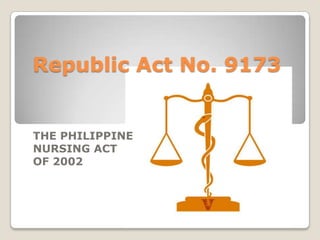Republic Act No. 9173

THE PHILIPPINE
NURSING ACT
OF 2002

 