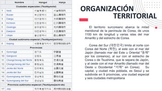 El territorio surcoreano abarca la mitad
meridional de la península de Corea, de unos
1100 km de longitud y varias islas del mar
Amarillo y del estrecho de Corea.
Corea del Sur (대한민국) limita al norte con
Corea del Norte (북한), al este con el mar del
Japón (llamado mar del Este u Oriental "동해"
por los coreanos), al sur con el estrecho de
Corea o de Tsushima, que le separa de Japón,
y al oeste con el mar Amarillo (llamado mar del
Oeste u Occidental "서해" en Corea). Su
capital, y ciudad más poblada, es Seoul y se
subdivide en 9 provincias, una ciudad especial
y seis ciudades metropolitana
ORGANIZACIÓN
TERRITORIAL
 