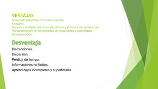 A menudo aprenden con menos tiempo
Atractivo.
Acceso a múltiples recursos educativos y entornos de aprendizaje.
Personalización de los procesos de enseñanza y aprendizaje.
Autoevaluación.
Distracciones.
Dispersión.
Pérdida de tiempo.
Informaciones no fiables.
Aprendizajes incompletos y superficiales.
 