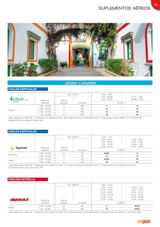 131
                                                                                                                 SUPLEMENTOS AÉREOS




                                                                         GRAN CANARIA
VUELOS ESPECIALES
                                                                          IDA / VUELTA                              1 Nov - 18 Dic
                                                                                                                    4 Ene - 29 Mar                        19 Dic - 3 Ene
                                                                                                                    7 Abr - 30 Abr                        30 Mar - 6 Abr
                                        Fechas de                Días de
                                        operación               operación              Compañía                                          CLASE V (1)
                                      1 Nov - 30 Abr                 S                    IWD                              4                                        18
                                      1 Nov - 30 Abr                 X                    IWD                             15                                        30
Bilbao (2)
                                      1 Nov - 30 Abr                 L                    IWD                             18                                        38
                                      1 Nov - 30 Abr                 D                    IWD                             30                                        45
Tasas aéreas ida y vuelta 40€. (1) Suplemento por trayecto en clase I 22€. Clases de reserva combinables entre si. (2) Suplemento para las salidas 7,8 y 9 de abril: 90€.
Suplemento para la salida 28 de abril: 40€.




VUELOS ESPECIALES
                                                                          IDA / VUELTA                              1 Nov - 1 Dic
                                                                                                                    9 Dic - 15 Dic                          2 Dic - 8 Dic
                                                                                                                   7 Ene - 29 Mar                          16 Dic - 6 Ene
                                                                                                                    7 Abr - 26 Abr                        30 Mar - 6 Abr
                                                                                                                   29 Abr - 30 Abr                        27 Abr - 28 Abr
                                        Fechas de                Días de
                                        operación               operación              Compañía                                          CLASE V (1)
                                      1 Nov - 30 Abr                 S                     JKL                          BASE                                        12
Barcelona
                                      1 Nov - 30 Abr                 L                     JKL                            10                                        18
                                      1 Nov - 30 Abr                 J                     JKL                          BASE                                        20
Bilbao   (2)
                                      1 Nov - 30 Abr                 D                     JKL                            10                                        30
Tasas aéreas ida y vuelta 40€. (1) Suplemento por trayecto en clase I 22€. Clases de reserva combinables entre si. (2) Suplemento para la salida 8 de abril: 90€.
Suplemento para la salida 28 de abril: 40€.




PRECIOS ESTRELLA
                                                                          IDA / VUELTA                              1 Nov - 1 Nov
                                                                                                                    2 Dic - 11 Dic                          2 Nov - 1 Dic
                                                                                                                   22 Dic - 25 Dic                        12 Dic - 21 Dic
                                                                                                                    30 Dic - 8 Ene                        26 Dic - 29 Dic
                                                                                                                   17 Feb - 26 Feb                         9 Ene - 16 Feb
                                                                                                                    30 Mar - 9 Abr                        27 Feb - 29 Mar
                                                                                                                   27 Abr - 30 Abr                        10 Abr - 26 Abr
                                        Fechas de                Días de
                                        operación               operación              Compañía                                          CLASE V (1)
                                      1 Nov - 30 Abr                L,D                    IBL                             5                                   BASE
Madrid
                                      1 Nov - 30 Abr                V,S                    IBL                            10                                   BASE
Tasas aéreas ida y vuelta 40€. (1) Suplemento por trayecto en clase I 22€. Clases de reserva combinables entre si. Suplemento para las salidas 27 y 28 de abril: 40€.
 
