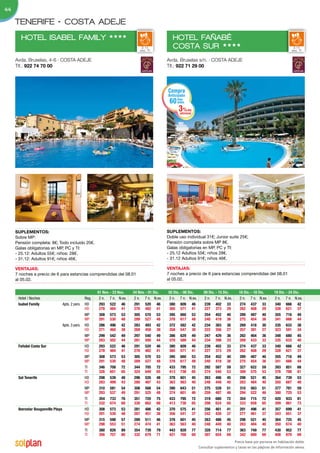 44

     TENERIFE • COSTA ADEJE
        HOTEL ISABEL FAMILY                                      HHHH                                 HOTEL FAÑABÉ
                                                                                    2-11
                                                                                   exc. TI
                                                                                                      COSTA SUR HHHH                                                             2-11
                                                                                                                                                                                exc. TI


     Avda. Bruselas, 4-6 · COSTA ADEJE                                                             Avda. Bruselas s/n. · COSTA ADEJE
     Tlf.: 922 74 70 00                                                                            Tlf.: 922 71 29 00




                                                                                                   Compra
                                                                                                   Anticipada
                                                                                                    60 días
                                                                                                       antes

                                                                                                         3%    dto.
                                                                                                         adicional




     SuplementoS:                                                                                  SuplementoS:
     Sobre MP:                                                                                     Doble uso individual 31€; Junior suite 25€;
     Pensión completa: 8€; Todo incluido 20€.                                                      Pensión completa sobre MP 8€.
     Galas obligatorias en MP, PC y TI:                                                            Galas obligatorias en MP, PC y TI:
     - 25.12: Adultos 55€; niños: 28€.                                                             - 25.12 Adultos 55€; niños 28€.
     - 31.12: Adultos 91€; niños 46€.                                                              - 31.12 Adultos 91€; niños 46€.

     VentAJAS:                                                                                     VentAJAS:
     7 noches a precio de 6 para estancias comprendidas del 08.01                                  7 noches a precio de 6 para estancias comprendidas del 08.01
     al 05.02.                                                                                     al 05.02.


                                                           01 Nov. - 23 Nov.   24 Nov. - 01 Dic.   02 Dic. - 08 Dic.      09 Dic. - 15 Dic.     16 Dic. - 18 Dic.    19 Dic. - 24 Dic.
      Hotel / Noches                                Reg.    2 n. 7 n. N.ex.     2 n. 7 n. N.ex.    2 n. 7 n. N.ex.        2 n. 7 n. N.ex.       2 n. 7 n. N.ex.      2 n. 7 n. N.ex.
      Isabel Family                 Apto. 2 pers.   HD      293 522 46          291 520 46         380 609 46             239 402 33            274 437 33           340 666 42
                                                    HD      278 484 41          276 482 41         365 571 41             227 373 29            262 408 29           328 621 37
                                                    MP      308 573 53          305 570 53         395 660 53             254 452 40            289 487 40           355 716 49
                                                    MP      291 530 48          289 527 48         378 617 48             240 419 36            275 454 36           341 666 44
                                    Apto. 3 pers.   HD      286 496 42          283 493 42         372 582 42             234 383 30            269 418 30           335 633 38
                                                    HD      271 460 38          269 458 38         358 547 38             222 356 27            257 391 27           323 591 34
                                                    MP      299 542 49          297 540 49         386 629 49             247 429 36            282 464 36           348 680 45
                                                    MP      283 502 44          281 500 44         370 589 44             234 398 33            269 433 33           335 633 40
      Fañabé Costa Sur                              HD      293 522 46          291 520 46         380 609 46             239 402 33            274 437 33           340 666 42
                                                    HD      278 484 41          276 482 41         365 571 41             227 373 29            262 408 29           328 621 37
                                                    MP      308 573 53          305 570 53         395 660 53             254 452 40            289 487 40           355 716 49
                                                    MP      291 530 48          289 527 48         378 617 48             240 419 36            275 454 36           341 666 44
                                                    TI      346 708 72          344 705 72         433 795 72             292 587 59            327 622 59           393 851 68
                                                    TI      326 651 65          324 649 65         413 738 65             274 540 53            309 575 53           376 788 61
      Sol Tenerife                                  HD      298 539 48          296 526 48         378 601 45             263 486 45            298 521 45           364 739 53
                                                    HD      283 499 43          280 487 43         363 563 40             248 449 40            283 484 40           350 687 48
                                                    MP      310 581 54          308 568 54         390 643 51             275 528 51            310 563 51           377 781 59
                                                    MP      293 537 49          291 525 48         374 601 46             259 487 46            294 522 46           360 725 53
                                                    TI      354 733 76          351 720 75         433 795 72             319 680 72            354 715 72           420 933 81
                                                    TI      332 674 68          330 662 68         413 738 65             298 624 65            333 658 65           399 861 73
      Iberostar Bouganville Playa                   HD      308 573 53          281 486 42         370 575 41             256 461 41            291 496 41           357 699 41
                                                    HD      291 530 48          267 451 38         356 541 37             242 426 37            277 461 37           343 651 37
                                                    MP      315 598 57          289 511 46         378 601 45             263 486 45            298 521 45           364 725 45
                                                    MP      298 553 51          274 474 41         363 563 40             248 449 40            283 484 40           350 674 40
                                                    TI      380 826 89          354 739 79         443 828 77             328 714 77            363 749 77           430 952 77
                                                    TI      356 757 80          332 679 71         421 768 69             307 654 69            342 689 69           408 879 69
                                                                                                                                            Precio base por persona en habitación doble.
                                                                                                                       Consultar suplementos y tasas en las páginas de información aérea.
 
