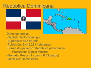 República Dominicana

Datos generales:
-Capital: Santo Domingo
-Superficie: 48.442 km²
-Población: 9.445.281 habitantes
-Forma de gobierno: República presidencial
-Presidente: Danilo Medina
-Moneda: Pesos (1 yuan = 6.03 pesos)
-Gentilicio: Dominicano

 