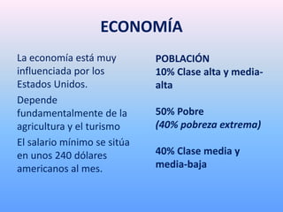 ECONOMÍA
La economía está muy
influenciada por los
Estados Unidos.
Depende
fundamentalmente de la
agricultura y el turismo
El salario mínimo se sitúa
en unos 240 dólares
americanos al mes.
POBLACIÓN
10% Clase alta y media-
alta
50% Pobre
(40% pobreza extrema)
40% Clase media y
media-baja
 
