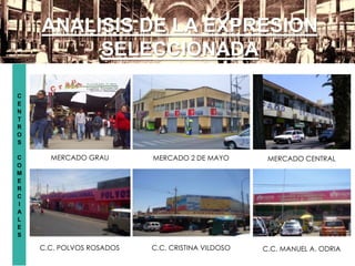 C
E
N
T
R
O
S
C
O
M
E
R
C
I
A
L
E
S
ANALISIS DE LA EXPRESION
SELECCIONADA
MERCADO GRAU MERCADO 2 DE MAYO MERCADO CENTRAL
C.C. POLVOS ROSADOS C.C. CRISTINA VILDOSO C.C. MANUEL A. ODRIA
 