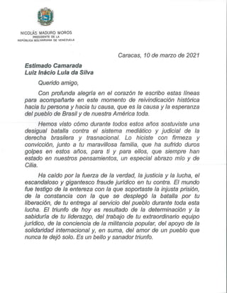 EXCLUSIVO: Carta de Nicolás Maduro ao ex-presidente Lula