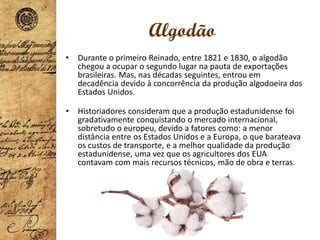 Algodão
• Durante o primeiro Reinado, entre 1821 e 1830, o algodão
chegou a ocupar o segundo lugar na pauta de exportações
brasileiras. Mas, nas décadas seguintes, entrou em
decadência devido à concorrência da produção algodoeira dos
Estados Unidos.
• Historiadores consideram que a produção estadunidense foi
gradativamente conquistando o mercado internacional,
sobretudo o europeu, devido a fatores como: a menor
distância entre os Estados Unidos e a Europa, o que barateava
os custos de transporte, e a melhor qualidade da produção
estadunidense, uma vez que os agricultores dos EUA
contavam com mais recursos técnicos, mão de obra e terras.
 
