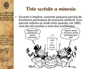 Voto restrito a minoria
• Durante o Império, somente pequena parcela de
brasileiros participava do processo eleitoral. Essa
parcela reduziu-se ainda mais quando, em 1881,
uma das leis proibiu o voto dos analfabetos
 