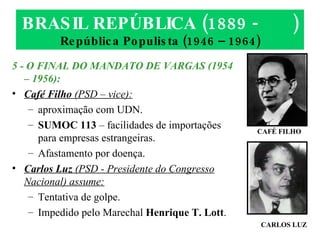 BRASIL REPÚBLICA (1889 -  ) República Populista (1946 – 1964) 5 - O FINAL DO MANDATO DE VARGAS (1954 – 1956): Café Filho  (PSD – vice): aproximação com UDN. SUMOC 113  – facilidades de importações para empresas estrangeiras. Afastamento por doença. Carlos Luz  (PSD - Presidente do Congresso Nacional) assume: Tentativa de golpe. Impedido pelo Marechal  Henrique T. Lott . CAFÉ FILHO CARLOS LUZ 