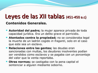 Leyes de las XII tablasLeyes de las XII tablas (451-450 a.c)(451-450 a.c)
Contenidos Generales.
 Autoridad del padre; la mujer aparece privada de toda
capacidad jurídica. Era un delito grave el parricidio.
 Atentados contra la propiedad; no se consideraba legal
la muerte de un ladrón cogido in fraganti, solo en el caso
que este sea un esclavo.
 Relaciones entre las gentes; las deudas eran
sancionadas con multas, los deudores insolventes podían
ser vendidos como esclavos y se pagaba con un porcentaje
del valor que la venta reportaba.
 Otras normas; se castigaba con la pena capital el
sentenciar a alguien mediante soborno.
 