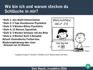 Uwe Hauck, re:publica 2016
5
Wo bin ich und warum stecken da
Schläuche in mir?

Stufe 1: eine Nacht Intensivstation

Stufe 2: 5 Tage Geschlossene Psychiatrie

Stufe 3: 9 Wochen Offene Psychiatrie

Stufe 4: 12 Wochen Tagesklinik

Stufe 5: 5 Wochen Schnauze voll aka Reha

Stufe 6: 4 Wochen Stufe 4 Reloaded
Aktuell: Kontrollierter Freilauf bzw.
Wiedereingliederung über einen
Zeitraum von 12 Wochen
Insgesamt knapp 31 Wochen in Kliniken und 4 Monate warten auf Reha
 