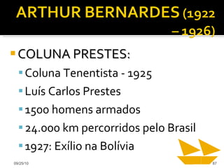 COLUNA PRESTES: Coluna Tenentista - 1925 Luís Carlos Prestes 1500 homens armados 24.000 km percorridos pelo Brasil 1927: Exílio na Bolívia 09/25/10 
