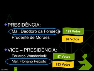 Eleições de 1891
                           (Indiretas)
    PRESIDÊNCIA:
            Mal. Deodoro da Fonseca         129 Votos
            Prudente de Moraes
                                             97 Votos


    VICE            – PRESIDÊNCIA:
              Eduardo Wandenkolk      57 Votos
              Mal. Floriano Peixoto
                                       153 Votos
05/29/12        24
 