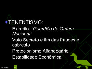 EPITÁCIO PESSOA
                                  (1919 – 1922)

    TENENTISMO:
            Exército: “Guardião da Ordem
             Nacional”
            Voto Secreto e fim das fraudes e
             cabresto
            Protecionismo Alfandegário

            Estabilidade Econômica


05/29/12     85
 