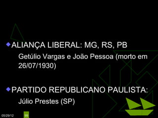 REVOLUÇÃO DE 1930

   ALIANÇA         LIBERAL: MG, RS, PB
          Getúlio Vargas e João Pessoa (morto em
           26/07/1930)


   PARTIDO         REPUBLICANO PAULISTA:
          Júlio Prestes (SP)
05/29/12    99
 