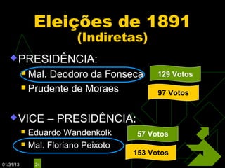 Eleições de 1891
                           (Indiretas)
    PRESIDÊNCIA:
            Mal. Deodoro da Fonseca         129 Votos
            Prudente de Moraes
                                             97 Votos


    VICE            – PRESIDÊNCIA:
              Eduardo Wandenkolk       57 Votos
              Mal. Floriano Peixoto
                                       153 Votos
01/31/13        24
 