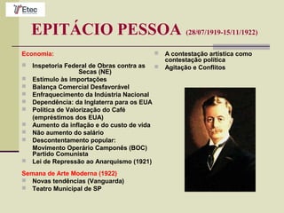 EPITÁCIO PESSOA (28/07/1919-15/11/1922)
Economia:
 Inspetoria Federal de Obras contra as
Secas (NE)
 Estímulo às importações
 Balança Comercial Desfavorável
 Enfraquecimento da Indústria Nacional
 Dependência: da Inglaterra para os EUA
 Política de Valorização do Café
(empréstimos dos EUA)
 Aumento da inflação e do custo de vida
 Não aumento do salário
 Descontentamento popular:
Movimento Operário Camponês (BOC)
Partido Comunista
 Lei de Repressão ao Anarquismo (1921)
Semana de Arte Moderna (1922)
 Novas tendências (Vanguarda)
 Teatro Municipal de SP
 A contestação artística como
contestação política
 Agitação e Conflitos
 