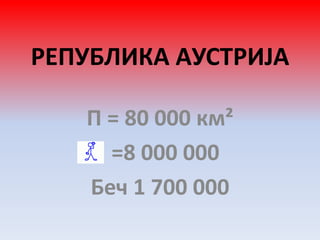 РЕПУБЛИКА AУСТРИЈА
П = 80 000 км²
=8 000 000
Беч 1 700 000
 